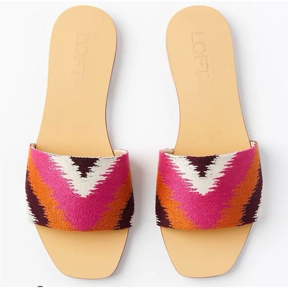 LOFT NIB Ikat Slide Sandals, women’s size 11, pink/orange print - Picture 2 of 14